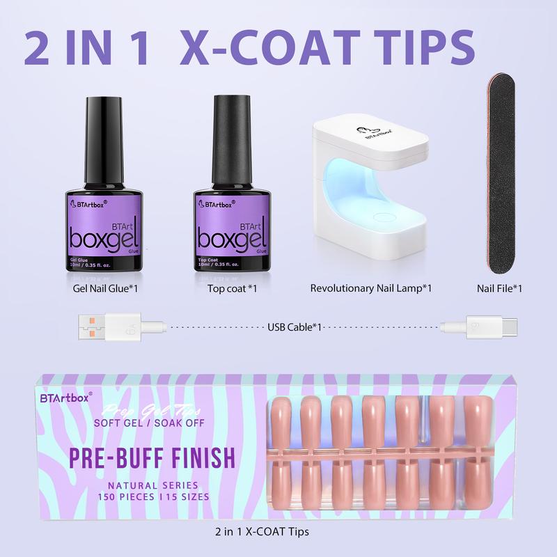 Gel Nail Kit - btartboxnails Soft Gel Nail Tips and Glue Gel Kit,XCOATTIPS Tips with Tip Primer Base, 150pcs Long Square Nails Fake Nails with Gel Nail Glue Top Coat Nail Extension Kit, Brown