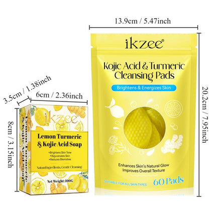 Kojic Acid & Turmeric Cleansing Pads & Facial Brightening Soap Set, 2 Counts Natural Ingredient Gentle Cleansing Soap & 60pcs Cleansing Pads, Skin Care Product for Face & Body, Skincare Products,?Back To School