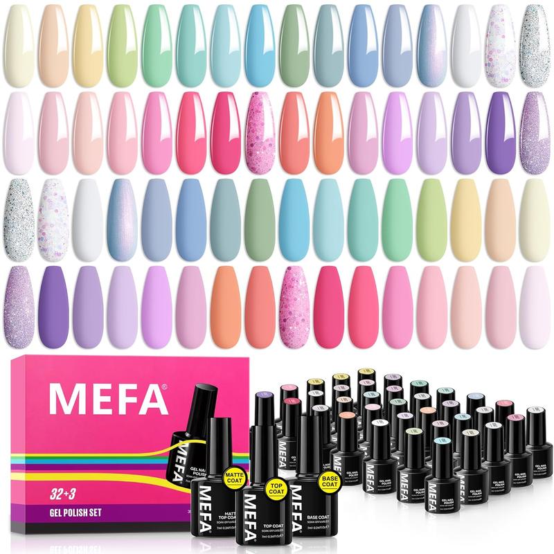 MEFA 35 Pcs Pastel Gel Nail Polish Set, 32 Colors Spring Collection Gel Nail Polish Kit with Base Coat No Wipe Glossy&Matte Top Coat Pink Green Nail Art Manicure DIY Salon Home Gifts for Women Girls