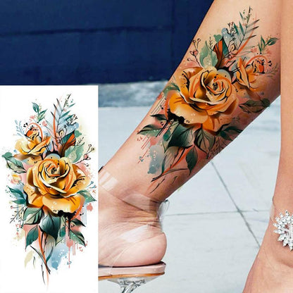 1 Sheet 3D Rose Pattern Temporary Tattoo Decal, Flower Pattern Fake Tattoo Sticker, Waterproof Body Art Decoration for Women & Girls