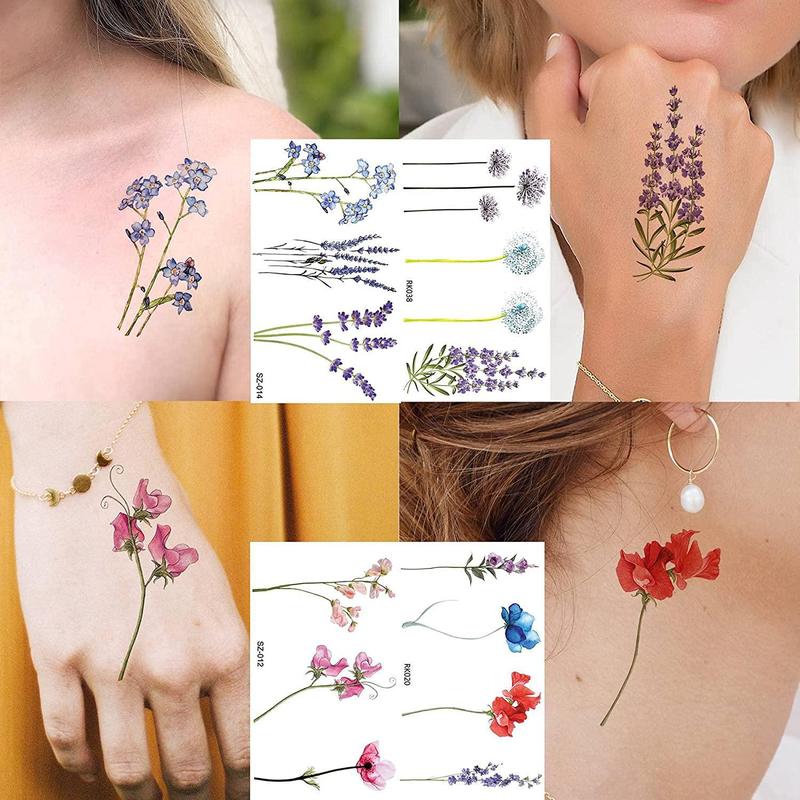 12 Sheets Lavender Flower Temporary Tattoo Sticker, Fake Flora Arm Temporary Tattoos, Waterproof Body Art Sticker For Men & Women