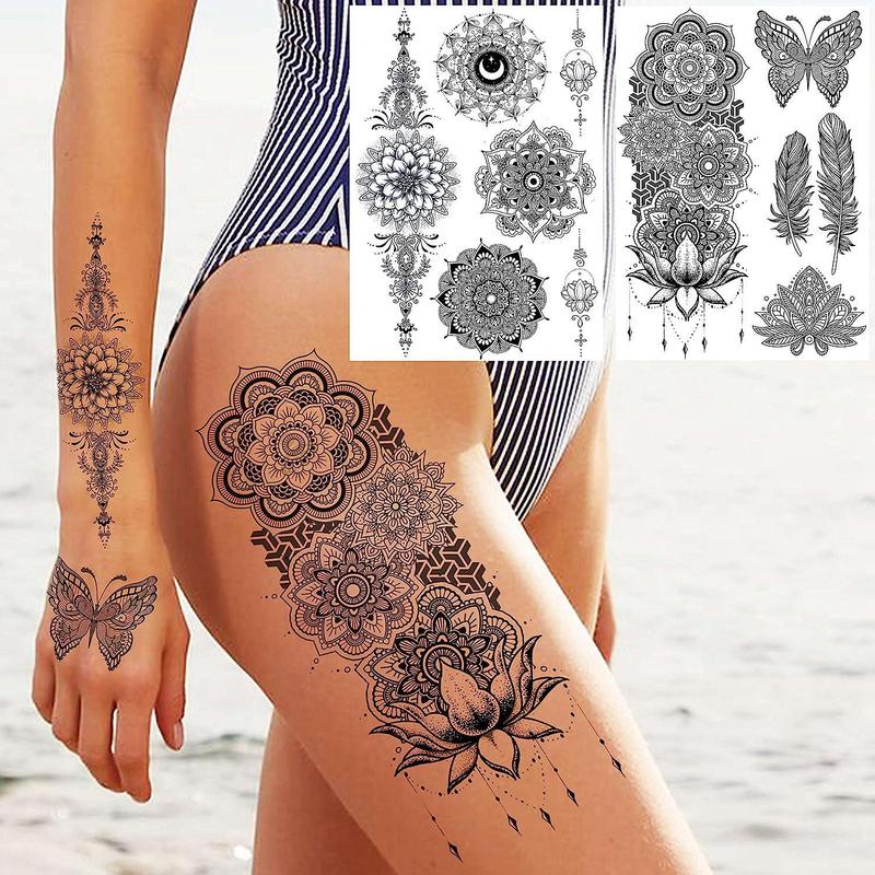 6 Sheets Temporary Tattoo Sticker, Flowers Feathers Animals Body Art Tattoos, Large Arm Tattoo Stickers for Women & Men, Realistic Body Decoration Tattoo for Arms, Neck, Ankle, Legs