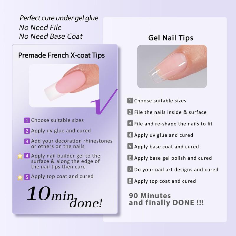 btartboxnails XCOATTIPS French Tip Nails - Long Square Nail Tips with Nail Gel, French Protecing Duo, Nail Lamp, All in One Soft Gel French Tip Press on Nails Gel Extension Valentines Day Gifts