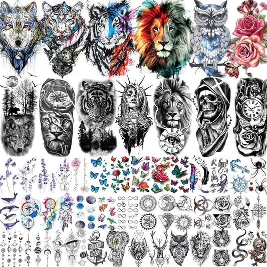 Lion & Owl &?Flower Pattern Temporary Tattoo Sticker, 54pcs/set Creative Fake Tattoo Sticker, Realistic Temporary Body Art Sticker, Body Decoration for Men & Women