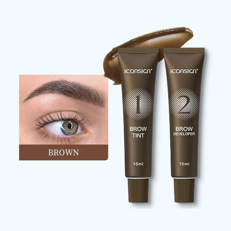 Henna Brow Dye Color Cream Set, 1 Long Lasting Brow Tint Cream & 1 Brow Developer & 3 Lip Brush & 3 Mascara Brush & 1 Paste Spoon & 1 Pair Disposable Gloves