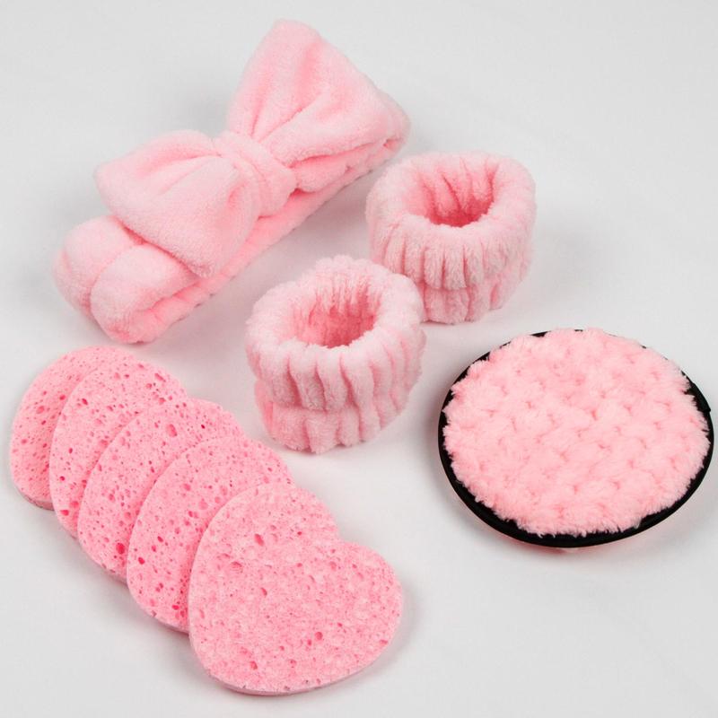 Facial Cleansing Tool Set, Including 1 Facial Cleansing Sponge, 5 Reusable Makeup Puff, 1 Bow Headband & 2 Makeup Wristband, Suitable for Women and Girls