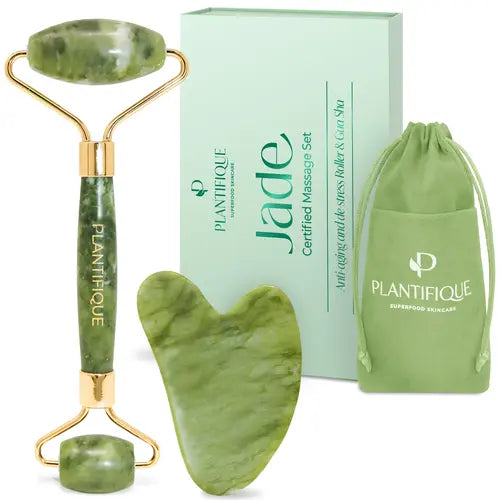 Plantifique Jade Roller and Gua Sha Massage Set - Face Massager - Double Chin Remover - 100% Real Jade - Face Roller and GuaSha for Your Skincare Routine - Depuff - Gift Idea