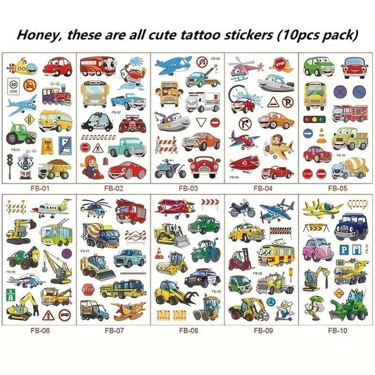 Cartoon Car Pattern Temporary Tattoo Sticker, 10pcs/pack Waterproof Arm Tattoo Stickers for Children, Body Decoration for Kids & Adults