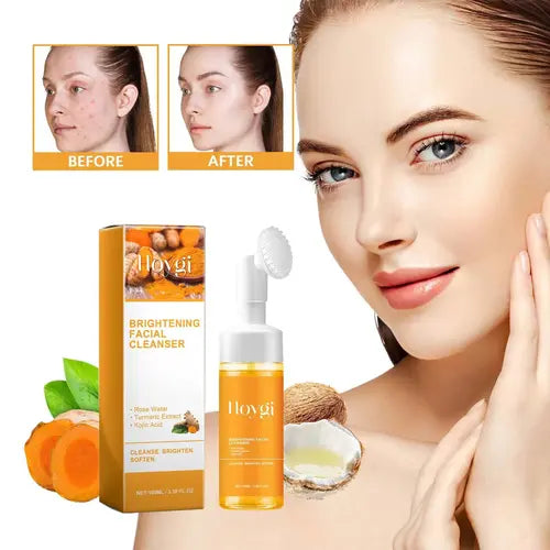 2PCS Turmeric+ Kojic Acid Foaming Facial Cleanser+Silicone Brush-3.38oz, Cleansing Skincare