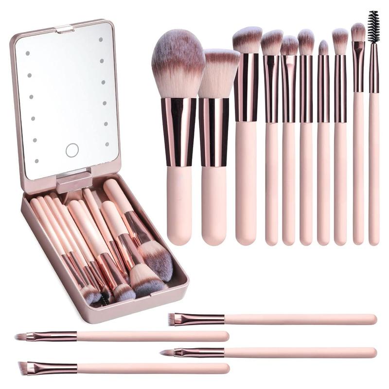 LED Makeup Mirror & Makeup Brushes Set, 1 Count Cosmetic Mirror Storage Box & 14pcs Multi-use Cosmetics Brushes, Professional Makeup Brush Set, Back To School Midnight Shimmer