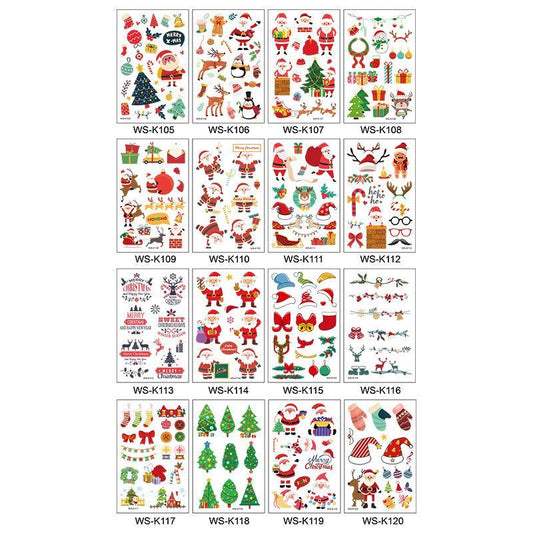 16 Sheets Temporary Tattoo Decals, Glow in the Dark Tattoos, Santa Snowman Bell Reindeer Socks Pattern Body & Face Safe Sticker for Kids