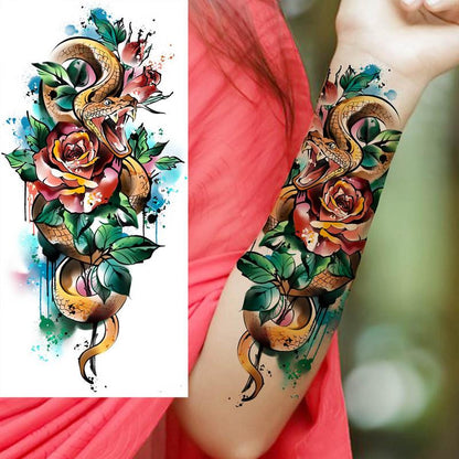 Snake & Flower Pattern Fake Tattoo Sticker (1 Piece), Watercolor Temporary Tattoo Decal for Women & Girls, Waterproof Body Art Sticker for Arm Legs