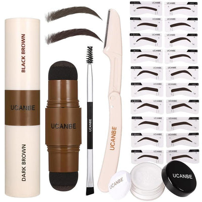 Explore the UCANBE 25PCS Eyebrow Stamp Stencil Kit, featuring a Dual-Color Eyebrow Stamp Pomade, 20 Reusable Stencils, Finishing Powder, Brush, Eyebrow Razor, all housed in a Waterproof Zipper Pouch. Achieve flawless brows effortlessly with this complete