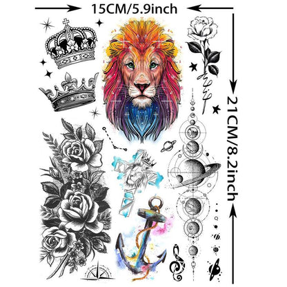 6pcs Lion & Wolf & Astronaut & Flower Pattern Temporary Tattoo, Body Decals for Women and Men