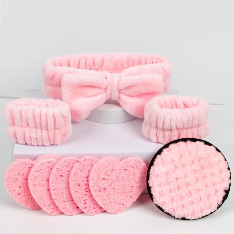 Facial Cleansing Tool Set, Including 1 Facial Cleansing Sponge, 5 Reusable Makeup Puff, 1 Bow Headband & 2 Makeup Wristband, Suitable for Women and Girls