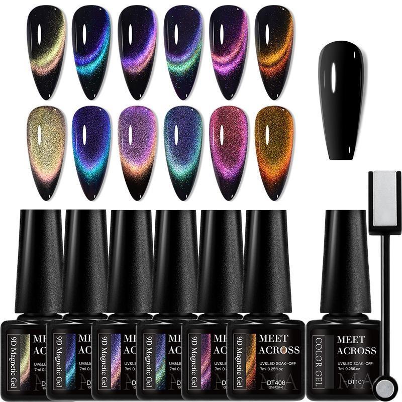 9D Glossy Gel Nail Kit with Magnetic Stick, 8 Counts/set Double Light Soak Off Nails Art Varnish, Glossy Nail Gel Nail Glue Nail Art Kits for Women & Girls, Summer Gifts for Her