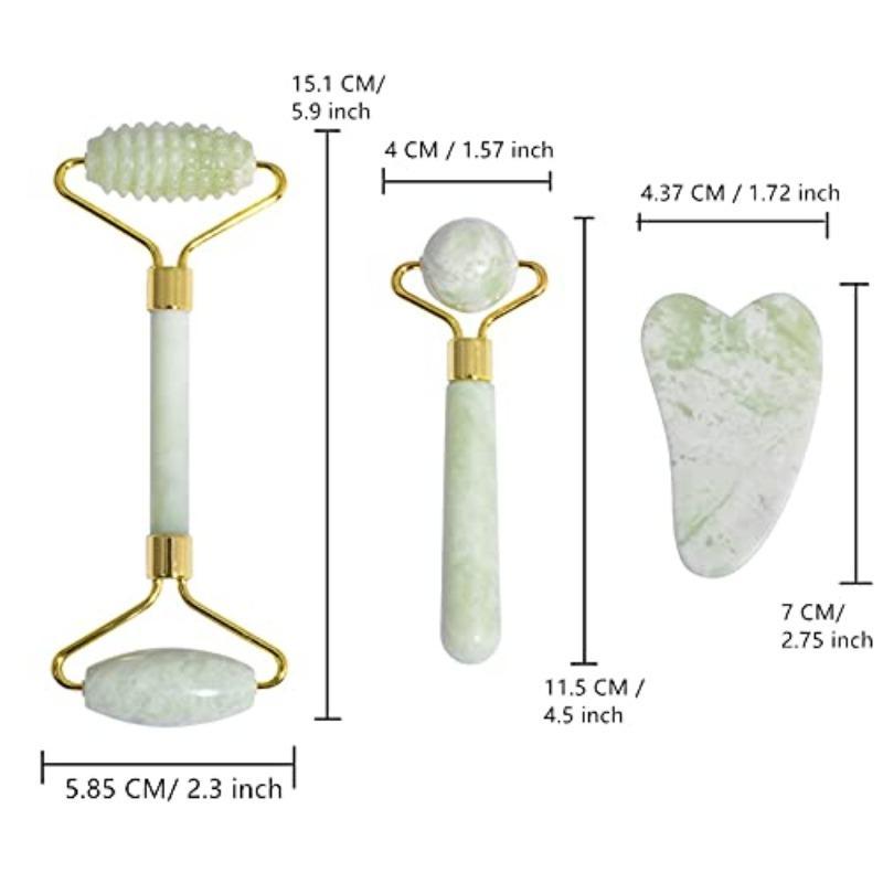 3 in 1 Jade Face Roller, 3pcs/set Gua Sha Massage Kit for Eyes Dark Circles Neck Puffiness Relief, Natural Facial Beauty Jade Stone Massager Roller