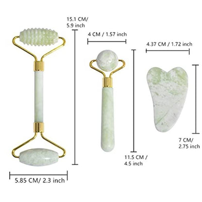 3 in 1 Jade Face Roller, 3pcs/set Gua Sha Massage Kit for Eyes Dark Circles Neck Puffiness Relief, Natural Facial Beauty Jade Stone Massager Roller