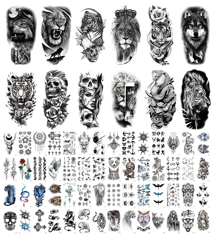 68 Sheets Large Black Temporary Tattoo Stickers, Forearm Designs Featuring Tribal, Wolf, Tiger, Lion, Owl, Skull, Temporary Halloween Tattoos, Rose, and Animals