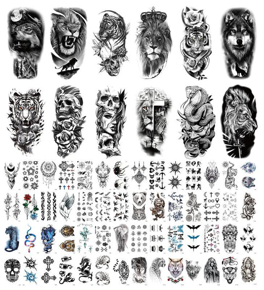 68 Sheets Large Black Temporary Tattoo Stickers, Forearm Designs Featuring Tribal, Wolf, Tiger, Lion, Owl, Skull, Temporary Halloween Tattoos, Rose, and Animals