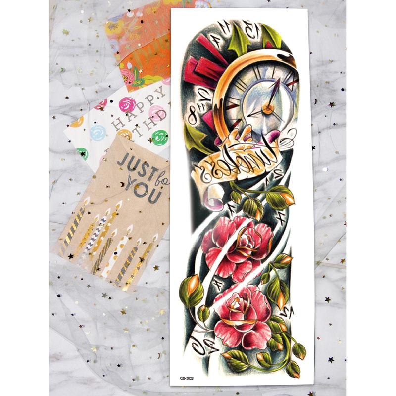 Flower & Clock Pattern Temporary Tattoo Sticker, 1 Count Waterproof Fake Tattoo Sticker, Body Art Decoration For Women & Girls