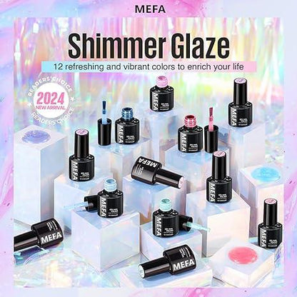 MEFA Pearl Gel Nail Polish Set, 12 Colors Shimmer Shades Mermaid Soft Pink Light Blue Purple Summer Glitter Swirl Sell Thread Gel Nail Polish Kit Nail Art Manicure DIY Salon Home Women Gifts