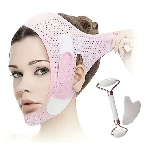 Face Shaping Bandage &?Facial Massage Roller & Heart Shaped Gua Sha Board Kit, 3pcs V Line Face Skin Care Beauty Tools