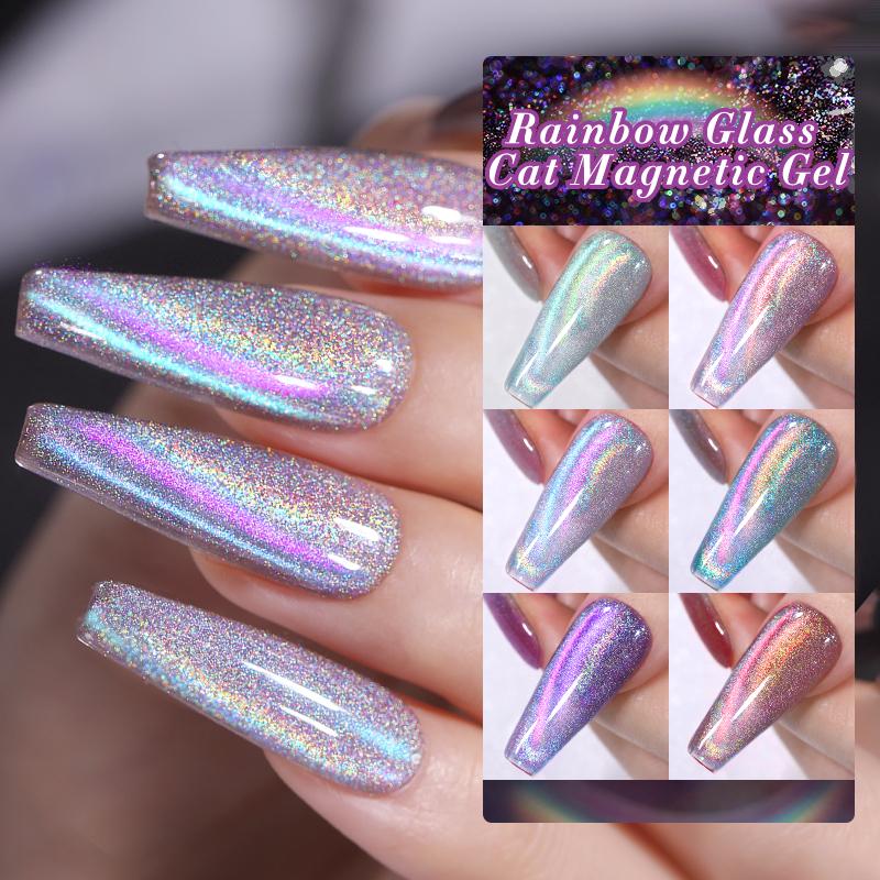 BORN PRETTY Rainbow Glass Cat Eye Magnetic Gel Polish 6 Colors Nails Art Set With Magnetic Stick Need UV Light