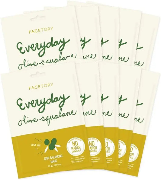 Everyday Olive Squalane Skin Balancing Sheet Mask - Pack of 10, Soft, Form-Fitting Korean Sheet Masks, Moisturizing and Soothing Daily Sheet Mask Skincare