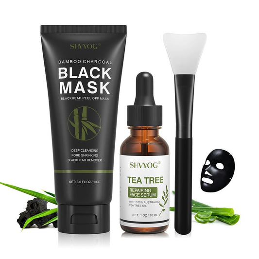 SHVYOG Blackhead Peel Off Face Mask, 3-in-1 Blackhead Peeling Mask with Brush & Tea Tree Oil Serum, Charcoal Mask for Deep Cleansing Dirts, Pores, Skin Oil (100g+30ml)