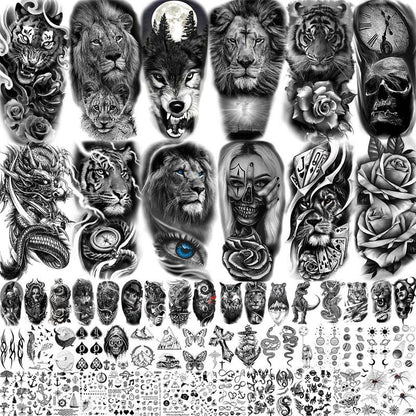 Animal & Skull Pattern Temporary Tattoo, 61pcs/set Fake Tattoo Body Art Sticker for Men & Women, Realistic Arm Tattoos for Adults, Body Art, Body Tattoos, Body Stickers Party Supplies