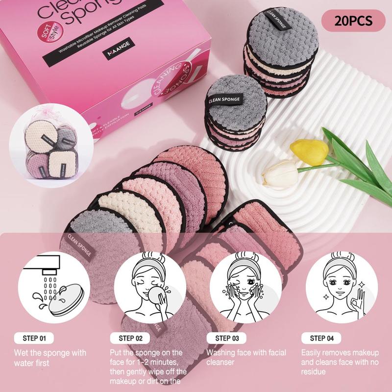 Makeup Remover Puff Set, 20pcs/set Including 5 Large Round+5 Large Square+5 Medium Round+5 Small Round Puffs, Makeup Remover Tool, Facial Cleaning Tool, Makeup Accessories