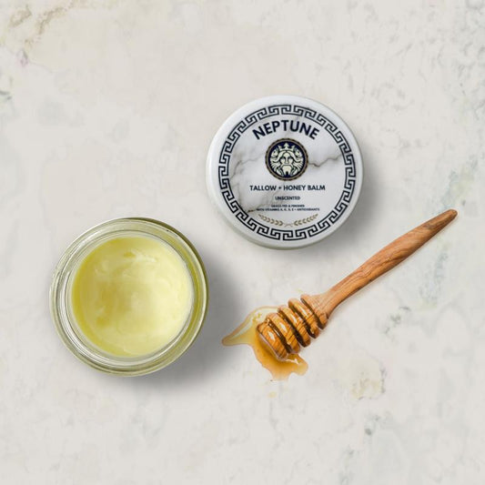 Neptune Tallow + Honey Balm, Grass Fed/Finished with Vitamins A, K, D, & E. Grassfed/Finished Beef Tallow, Cold Press Virgin Olive Oil, 100% Natural Beeswax, Pure Organic Honey, All Natural Ingredients. Hydrating Soothing