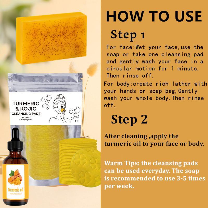 Turmeric Soap Bar & Turmeric Essential Oil & Turmeric Kojic Cleansing Pads Skincare Set, Summer Gift Lemon Kojic Acid Soap, Skin Cleanser Pads Kit