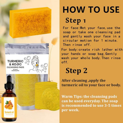 Turmeric Soap Bar & Turmeric Essential Oil & Turmeric Kojic Cleansing Pads Skincare Set, Summer Gift Lemon Kojic Acid Soap, Skin Cleanser Pads Kit