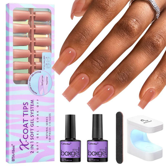 Gel Nail Kit - btartboxnails Soft Gel Nail Tips and Glue Gel Kit,XCOATTIPS Tips with Tip Primer Base, 150pcs Long Square Nails Fake Nails with Gel Nail Glue Top Coat Nail Extension Kit, Brown