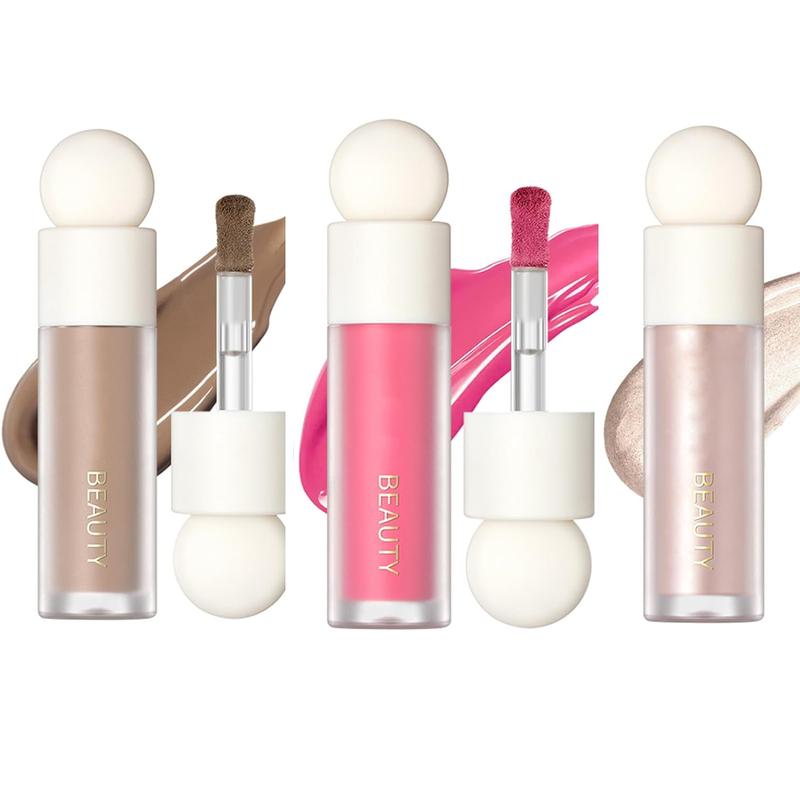 3 Pcs Liquid Highlighter Luminizer,Soft Pinch Liquid Blush Dewy Cheek Tint,Matte Finish Liquid Contour,Highlight Bronzer Shaping Trimming Stick Set