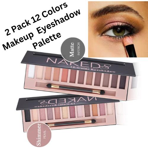 2 pack 12 Colors Makeup Nude Colors Eyeshadow Palette Natural Nude Matte Shimmer Glitter Pigment Eye Shadow Pallete Set Waterproof Smokey Professional Beauty Makeup Kit Cosmetic