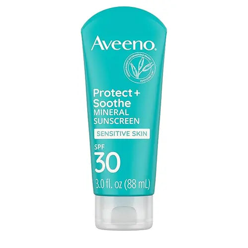 Aveeno Protect + Soothe Mineral Sunscreen Lotion with Broad Spectrum SPF 30, Quick Drying and Water-Resistant UVA/UVB Protection for Sensitive Skin, Fragrance-Free, 3.0 fl. oz