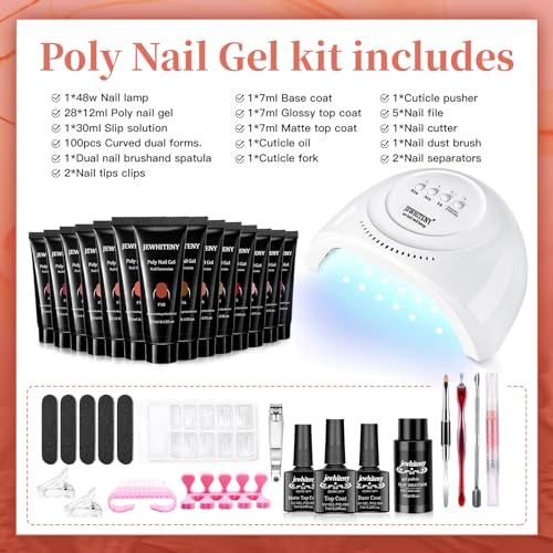 JEWHITENY 28 Colors Poly Gel Nail Kit Nude Gray Black grey Blue yellow purple Glitter All In One Starter Kit Poly Extension Gel Nail Kit With Nail Lamp Base Top Coat Builder Gel Nail Kit