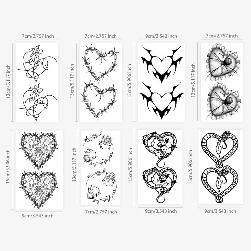 Heart & Wreath Design Waterproof Tattoo Stickers, 8pcs/set Mixed Patterns Temporary Tattoo Sticker for Women & Girls, Body Art Face Art Stickers