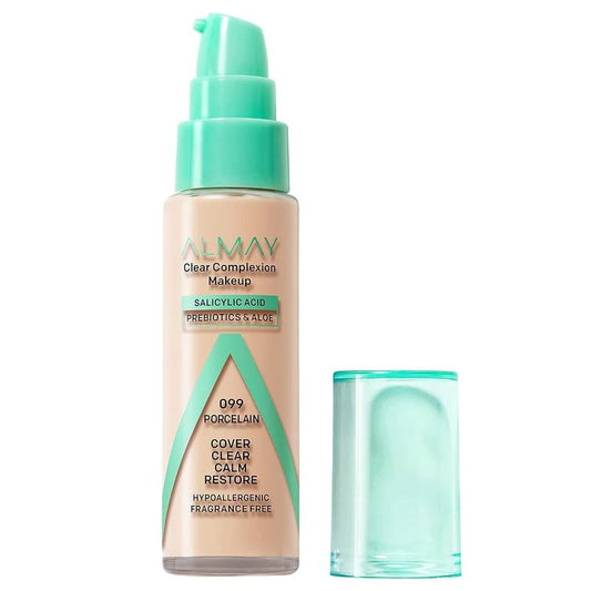 Almay Clear Complexion Acne Foundation Makeup with Salicylic Acid - Lightweight, Medium Coverage, Hypoallergenic, Fragrance-Free, for Sensitive Skin, Porcelain, 1 fl oz. Cosmetic Concealer