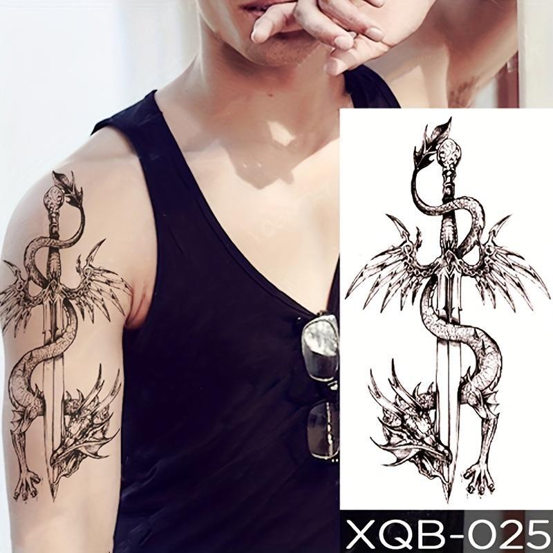 Sword And Dragon Pattern Temporary Tattoo Sticker, 1 Count Realistic Long Lasting Fake Tattoo For Women & Men