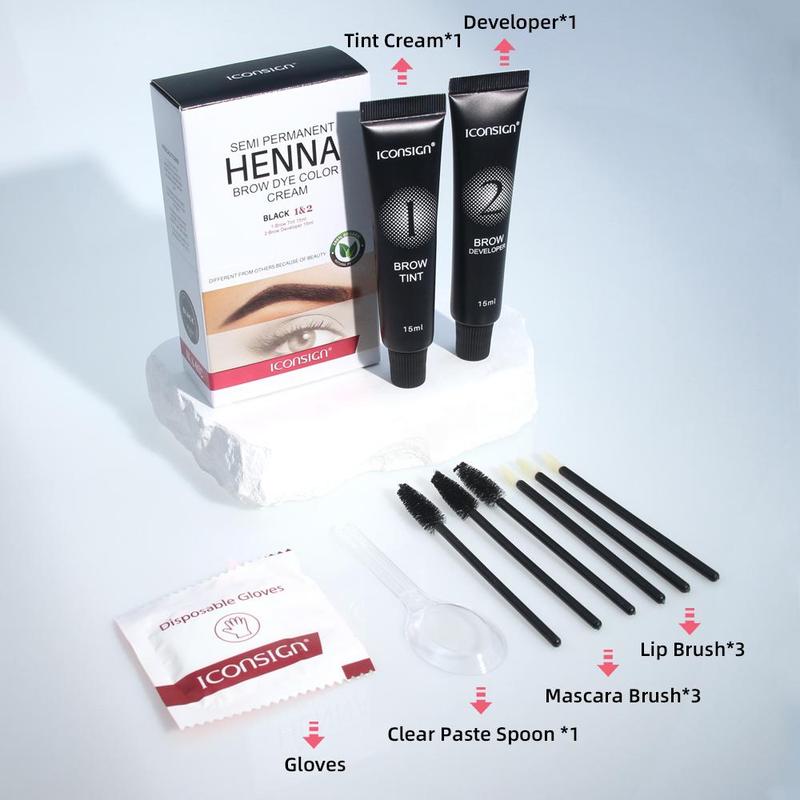 Henna Brow Dye Color Cream Set, 1 Long Lasting Brow Tint Cream & 1 Brow Developer & 3 Lip Brush & 3 Mascara Brush & 1 Paste Spoon & 1 Pair Disposable Gloves