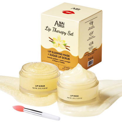 ANAiRUi Vanilla Lip Therapy Set Lip Sleeping Mask & Lip Exfoliator Scrub for Exfoliating & Lip Treatment, Collagen Comfort Lip Mask Overnight, Lip Care Gift Kits for Dry, Chapped, Peel & Dark Lips Skincare Necessary Kit (Vanilla+Collagen)