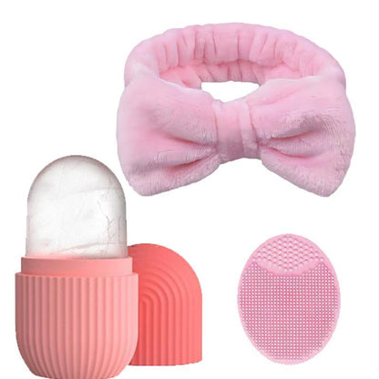 Bowknot Design Hair Band & Face Scrubber & Ice Mold Kit (3pcs/set), Gentle Facial Exfoliation Care Tools, Skincare Tools For Women