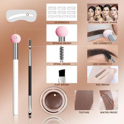 Waterproof Eyebrow Cream with Brush, 1 Count Eyebrow Gel with 1 Count Sponge Brush & 1 Count Double Ended Spiral & Flat Brush & 10pcs Reusable Eyebrow Stencil, Eyebrow Makeup Tool Set