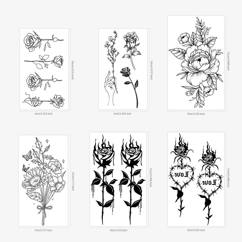 Mixed Size Flower & Heart Pattern Temporary Tattoo Sticker, 6 Sheets Realistic?Body Art Sticker