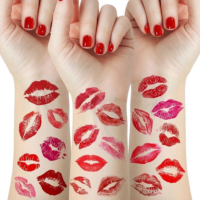 46 Pieces Valentines Lip Temporary Tattoos, Red Pink Lip Print Kiss Face Tattoo Stickers Body Decorations for Girls Kids Waterproof Halloween Olive Sensitive